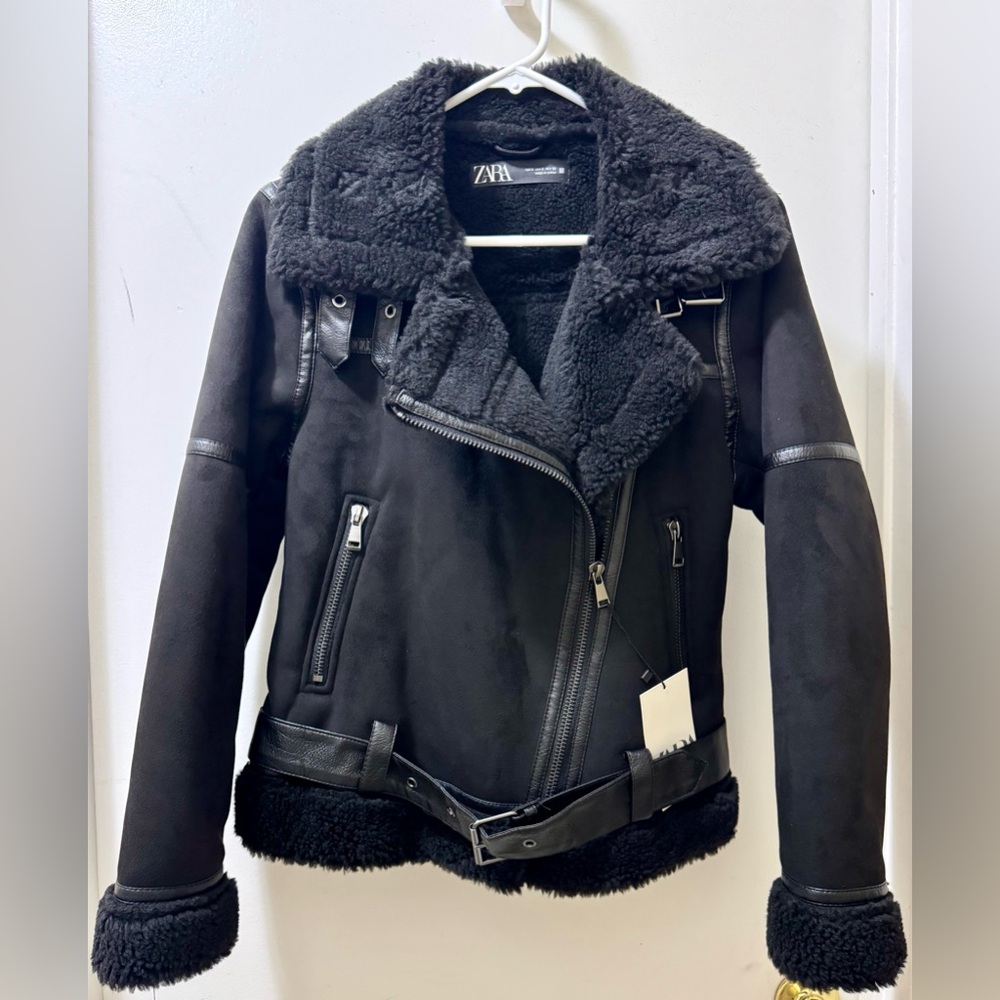Zara Double-Faced Faux Suede Shearling Jacket Black Size S